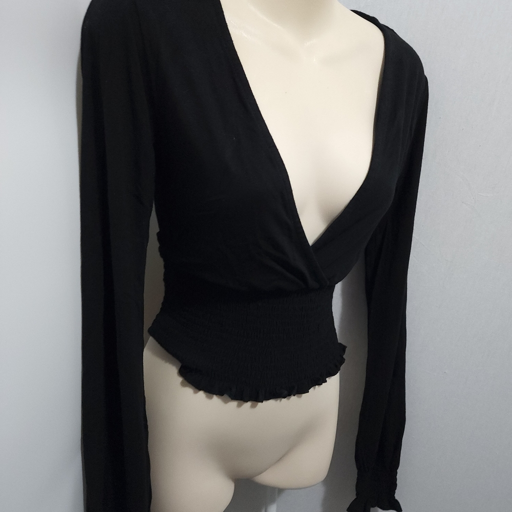 Aus S Glassons Black Wrap Front Long Sleeve Stretch Crop Top - Picture 11 of 16